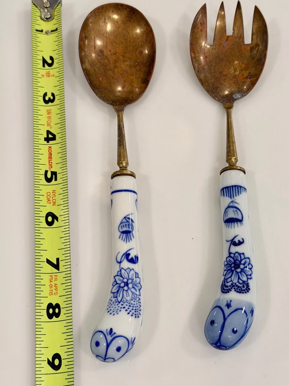 Meissen Style Blue Floral Porcelain Handle Salad Serving Set